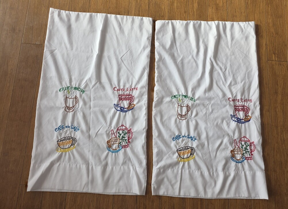 Hand Embroidered Coffee Latte 2 Pillow Cases SET Vtg Standard Queen B&B g3